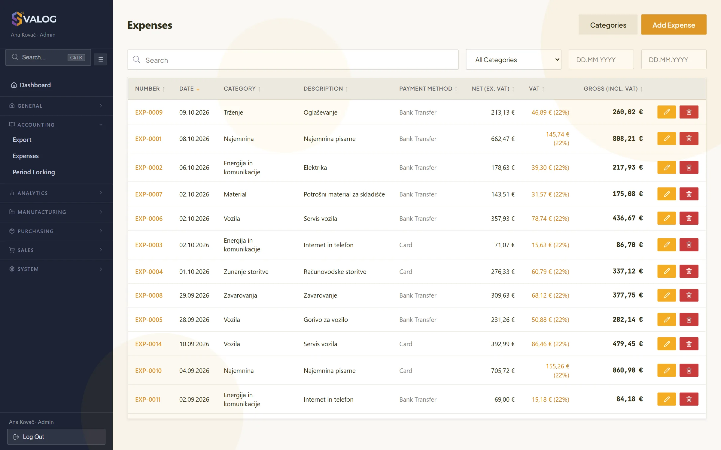 Expense list with VAT