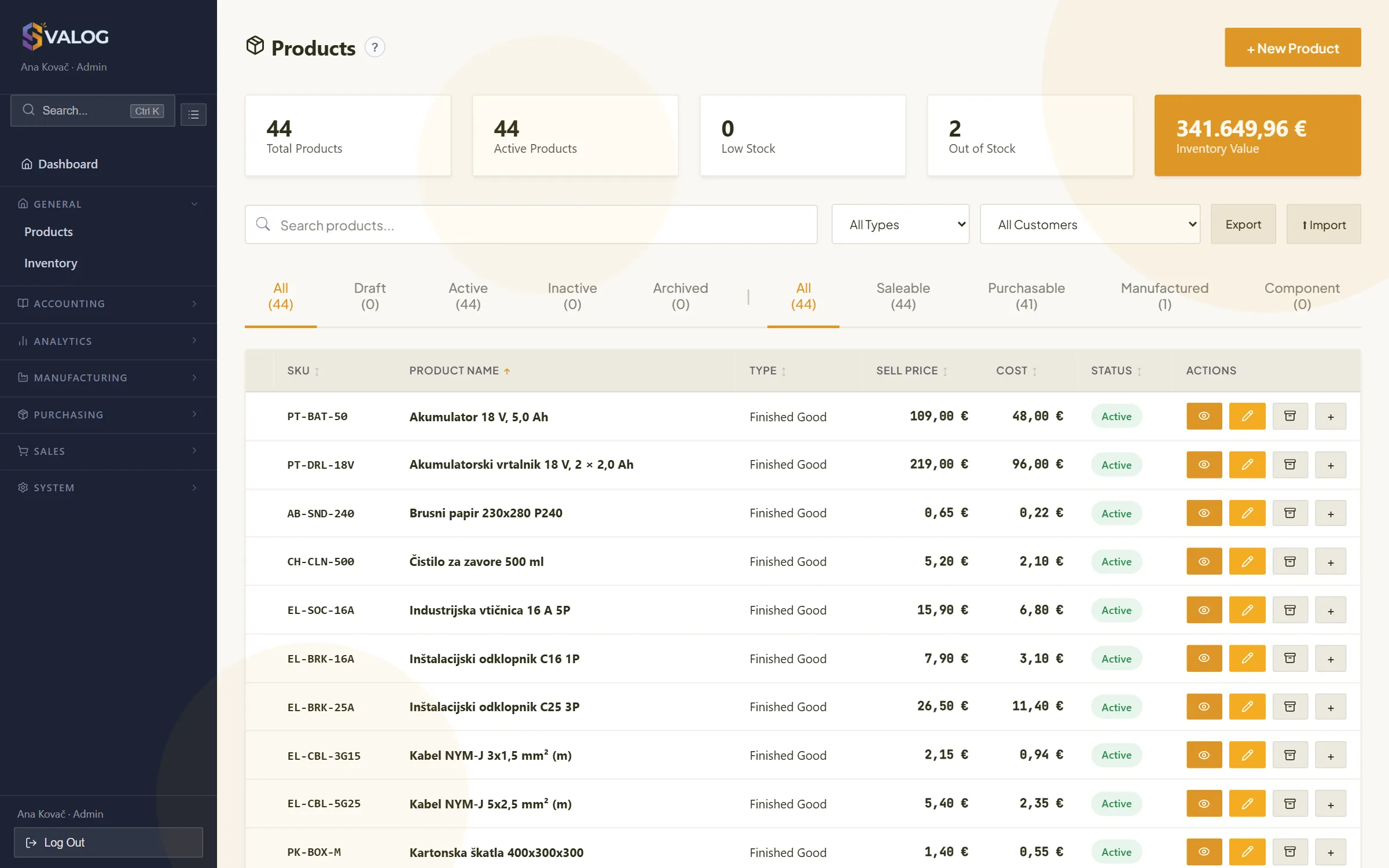 Product list with sell prices and costs