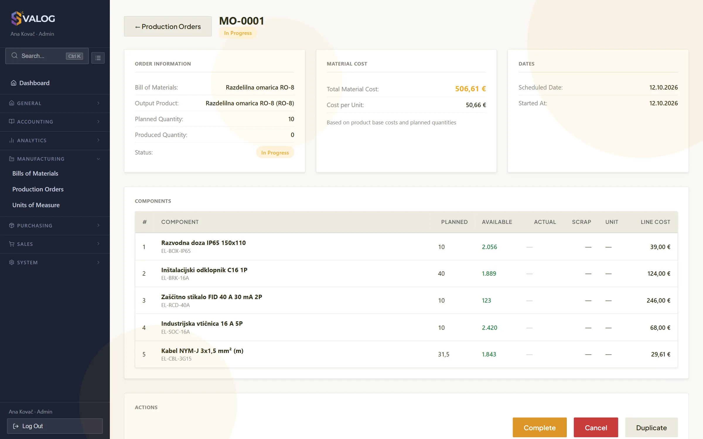 Production order with component list
