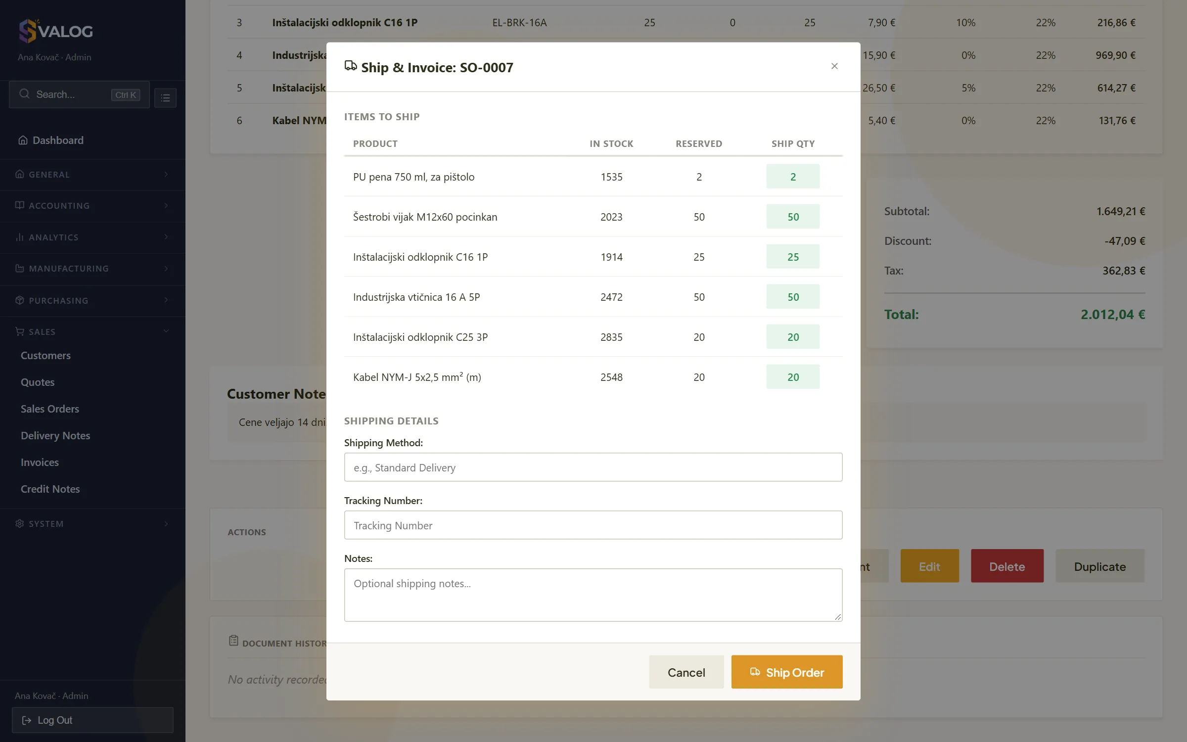 The Ship & Invoice dialog