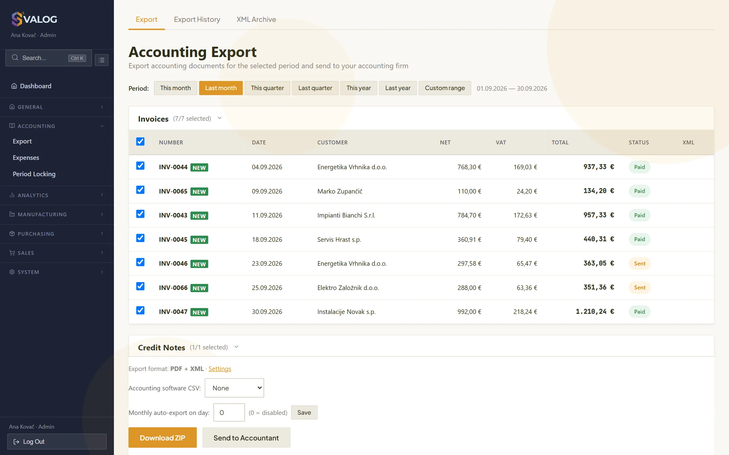 The accounting export page